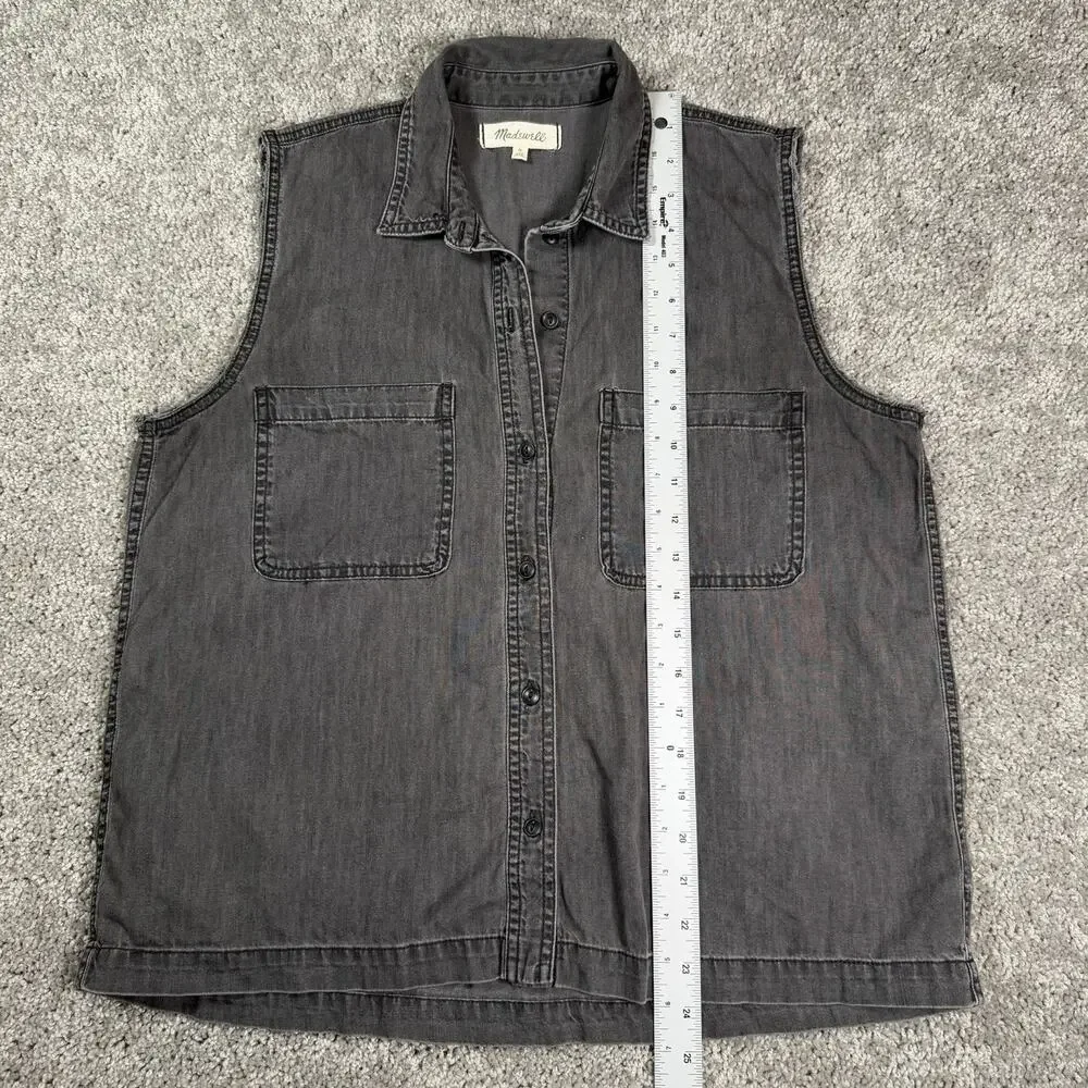 Madewell Women's M Denim Button Front‎ Long Vest Gray Wash Bikerchic